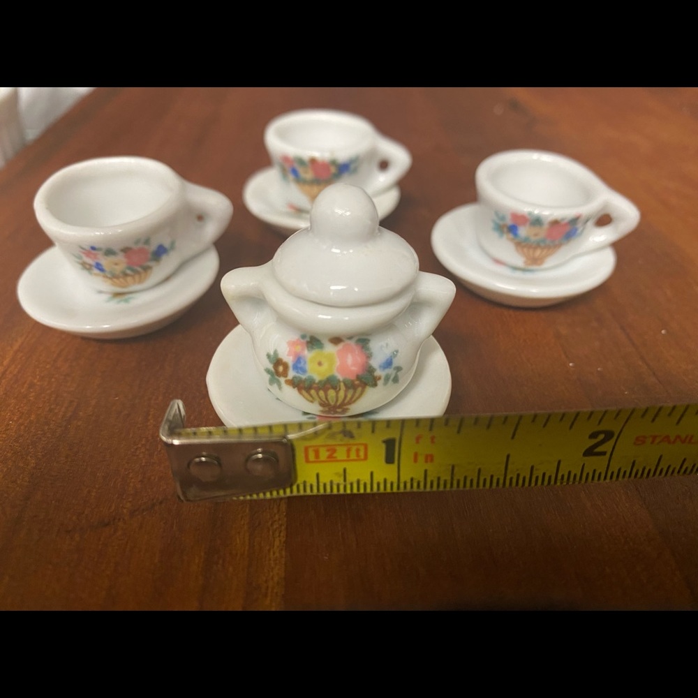 Tiny Tea Set 1” each piece. One saucer has a tiny chip-see point of pencil.